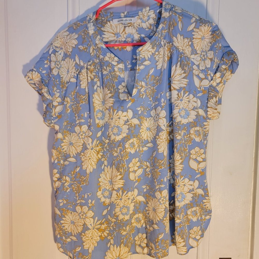 Rose & Olive Large blue, cream, gold floral pattern cap sleeve Women's Top